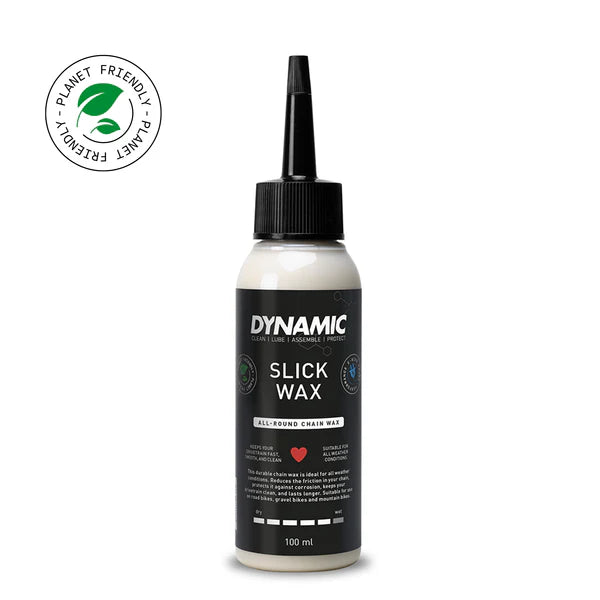 Bottle of Dynamic Slick Wax on a white background with a planet-friendly logo.