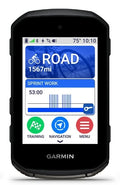 Garmin cycling computer display with screen showing distance and options on a white background