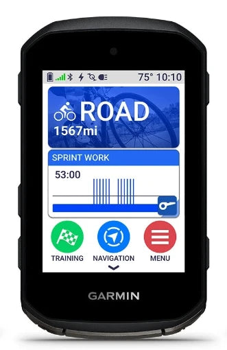 Garmin cycling computer display with screen showing distance and options on a white background