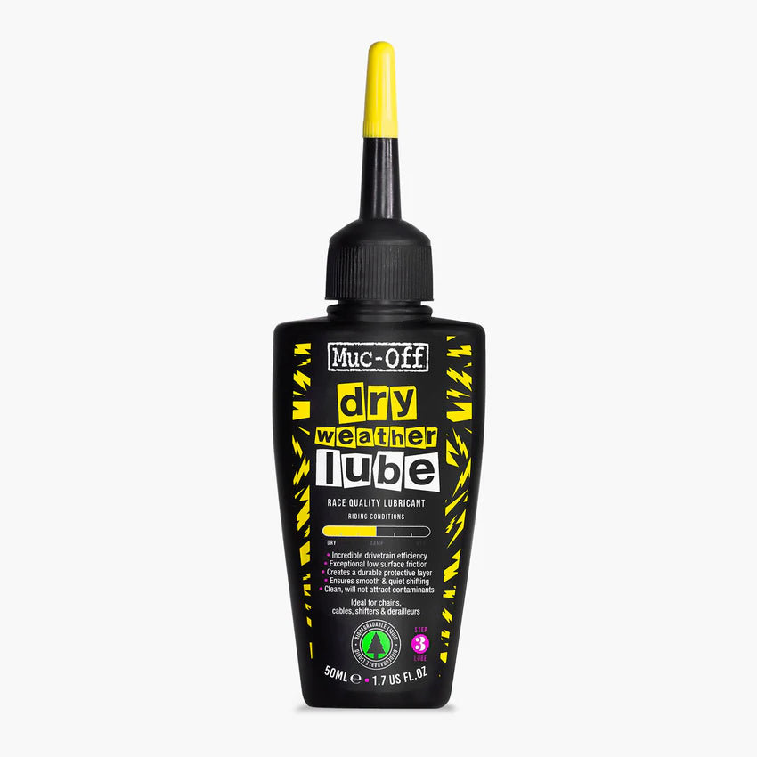 Muc-Off dry weather lube bottle with black and yellow design on a white background